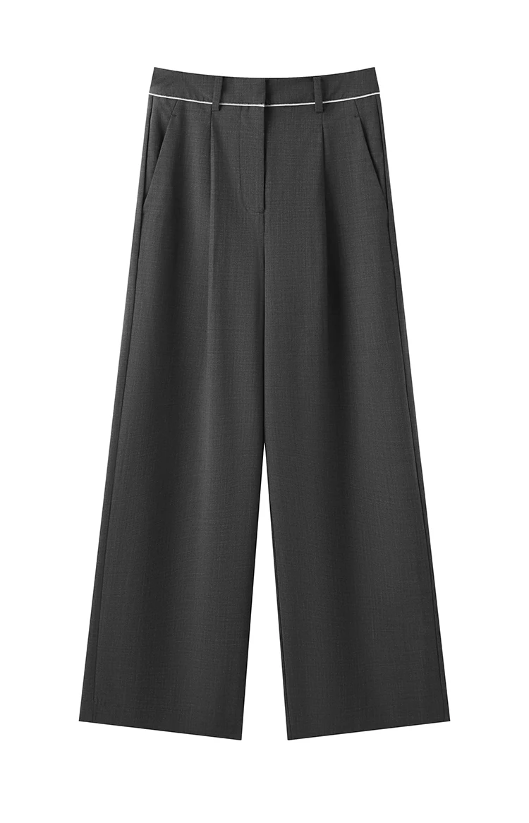 KL9523338 Hoch taillierte Hose aus Wollmischung mit weitem Bein für Damen, plissierte Vorderseite, Herbstmode, Damenbekleidung – Detail 14