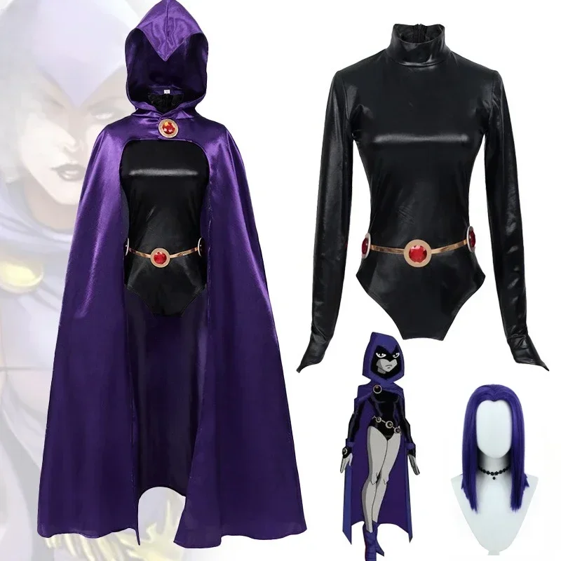 Raven Cosplay Kostuum Anime Tiener Titanen Super Held Cos Jumpsuit Mantel Riem Pak Vrouwen Zwart Bodysuit Pruik Carnaval Feest Uniform