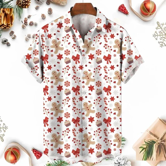 

Christmas and New Year Gingerbread Hawaiian Shirt Men's 3D Snowman Printed Street Short Sleeved Loose Clothes Women's Clothes