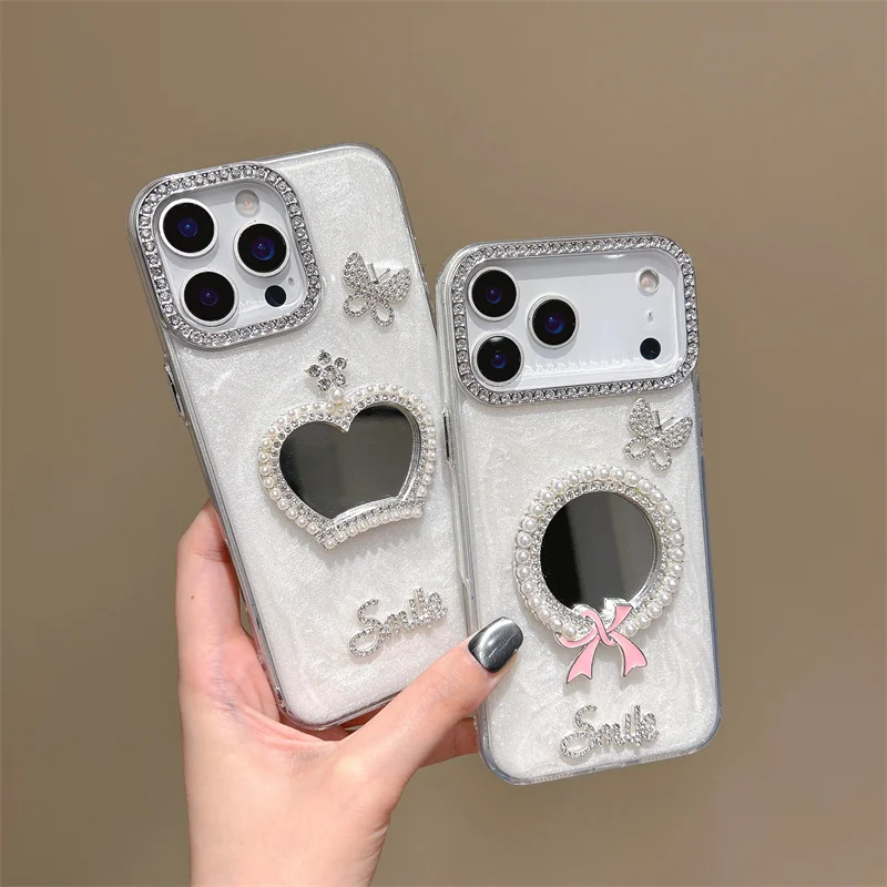 

Back Cover For IPhone 11 13 14 Plus 15 16 17 Pro Max Case Glitter Butterfly Crown Bowknot Mirror Bracelet Wristband Chain Case