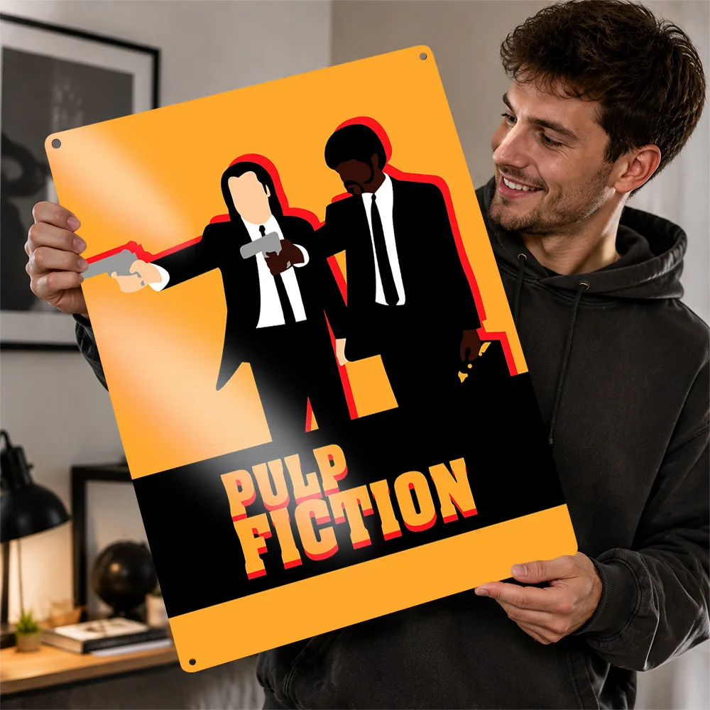 Pulp Fiction Gunman Duo Printed Poster Minimalist Wall Art For Home Theater Personalized Aluminum Metal Sign Film Lover Gift