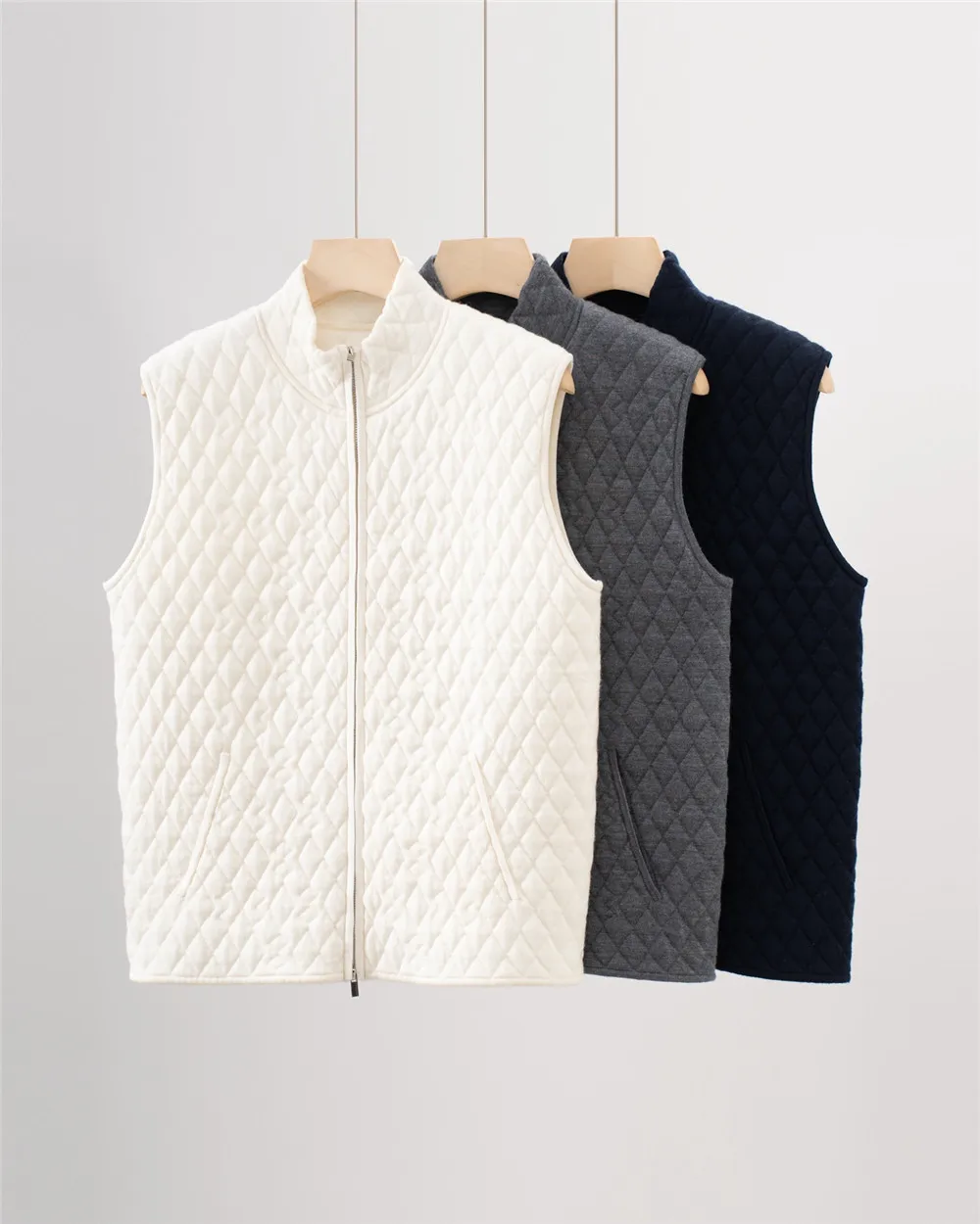 

25 New Women's Standing Collar 100% Wool Diamond Grid Double Zipper Cardigan Vest Jacket