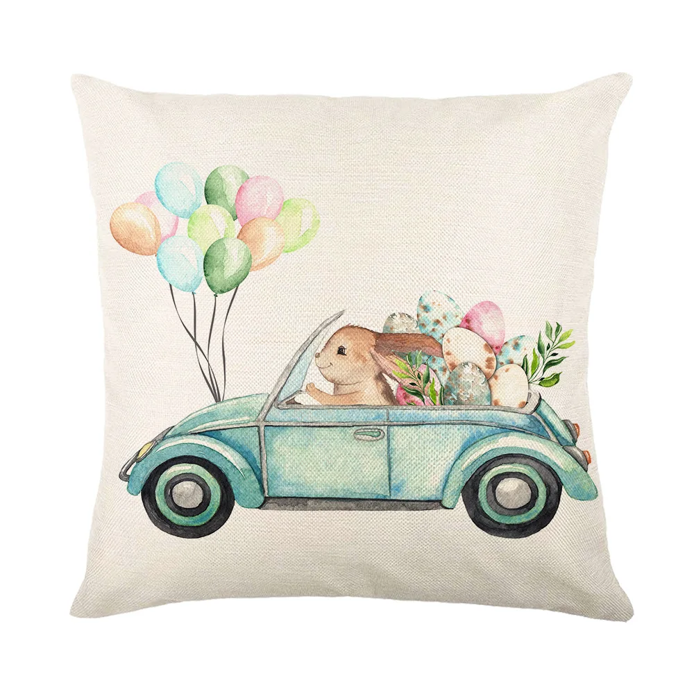 Spring Easter Home Decor Cushion Cover Flowers Bunny Eggs Printed Pillow Cover Easter Decorations Square Linen Throw Pillowcase