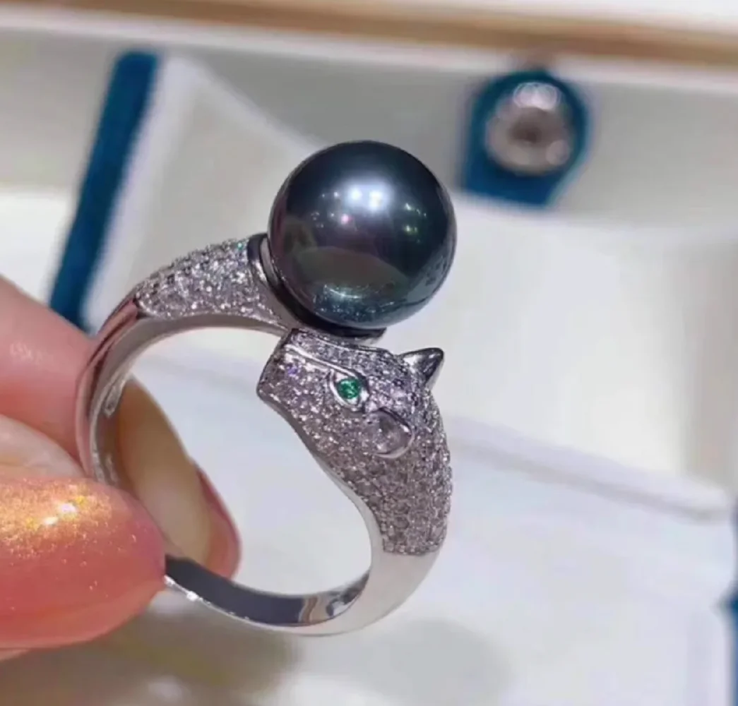

Beautiful pearl AAAA10-11mm natural South Sea pearl leopard ring with adjustable opening size 925s