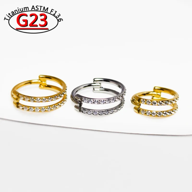 2/5Pcs G23 Titanium 16G Double Layer Zircon Clicker Nose Ring Septum Hinged Segment Earrings Tragus Piercing Body Jewelry