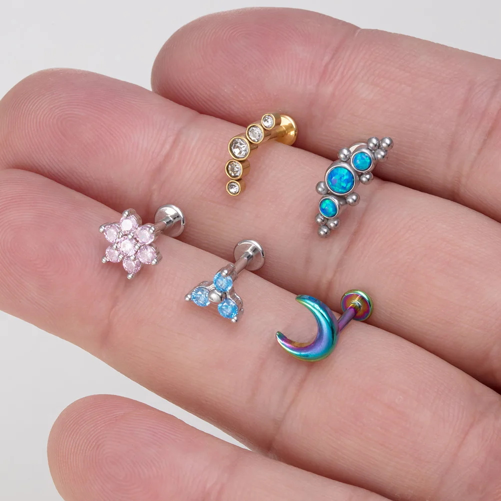 1pc Zircon Labret Studs 16G Flower Moon Lip Monroe Piercing Internally Threaded Steel Medusa Ring Helix Cartilage Tragus Earring