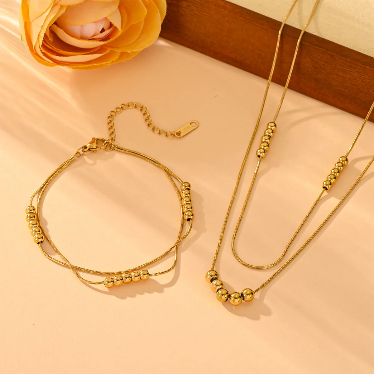 

Stainless Steel Round Bead Necklace Bracelet for Women New Trend Layered Chain Link Jewelry Set Party Gift No-Fading