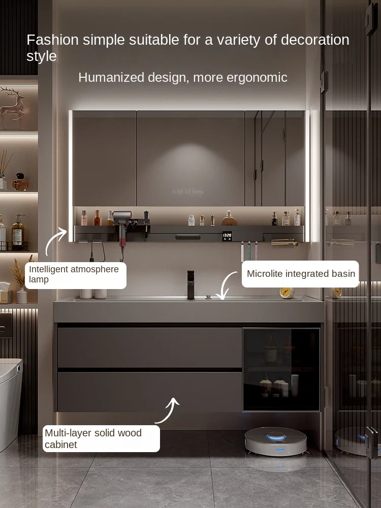 Modern Minimalist Lacquered Bathroom Cabinet Combination Light Emitting Diode Mirror Floor Standing Easy Cleaning Ceramic Basin