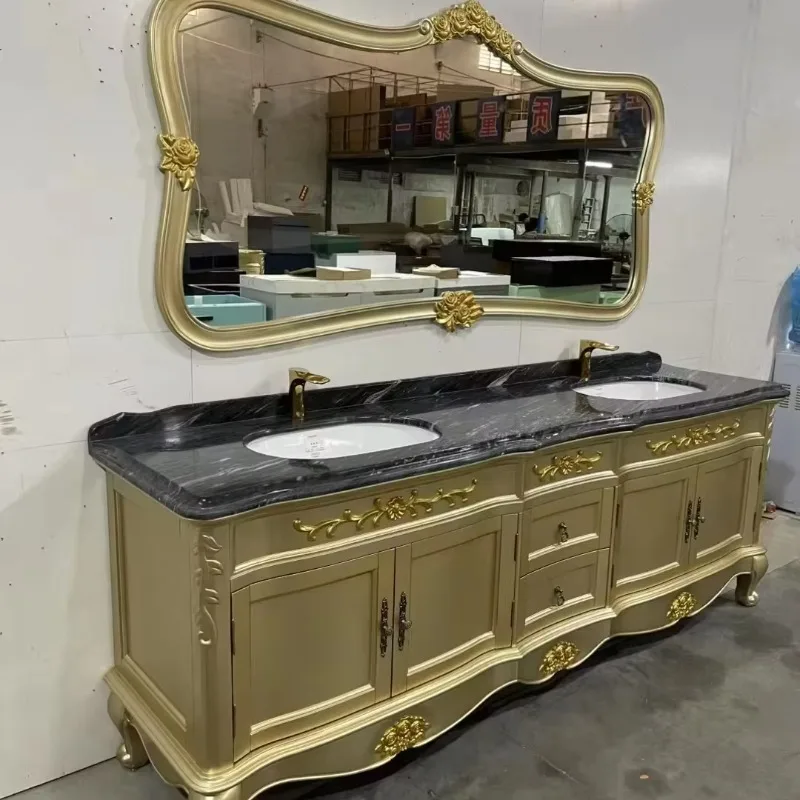 European oak bathroom sink and vanity smart mirror with copper drain marble vanity