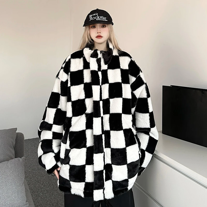 Plaid Blends Women Reversible American Style Retro Autumn Winter Hip Hop Unisex Hipster High Street Panelled Turn-down Collar