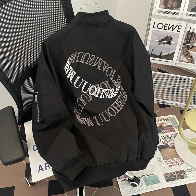 

Американский винтажный джат-пилот с вышивкой букв, мужской весенне-осенний повседневный бейсбольный пальто High Street Vibe, свободный крой, молодежный