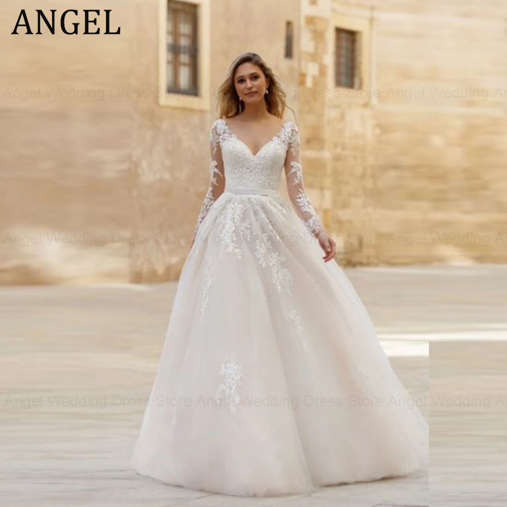 

ANGEL Elegant Wedding Dresses For Women 2024 Bride Backless Long Sleeves V-Neck Bride Gowns Applique A-Line vestido de noiva