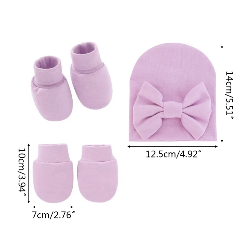 Baby Bowknot Hat No Scratch Gloves Foot Cover Set Infants Soft Cotton Mittens D5QA