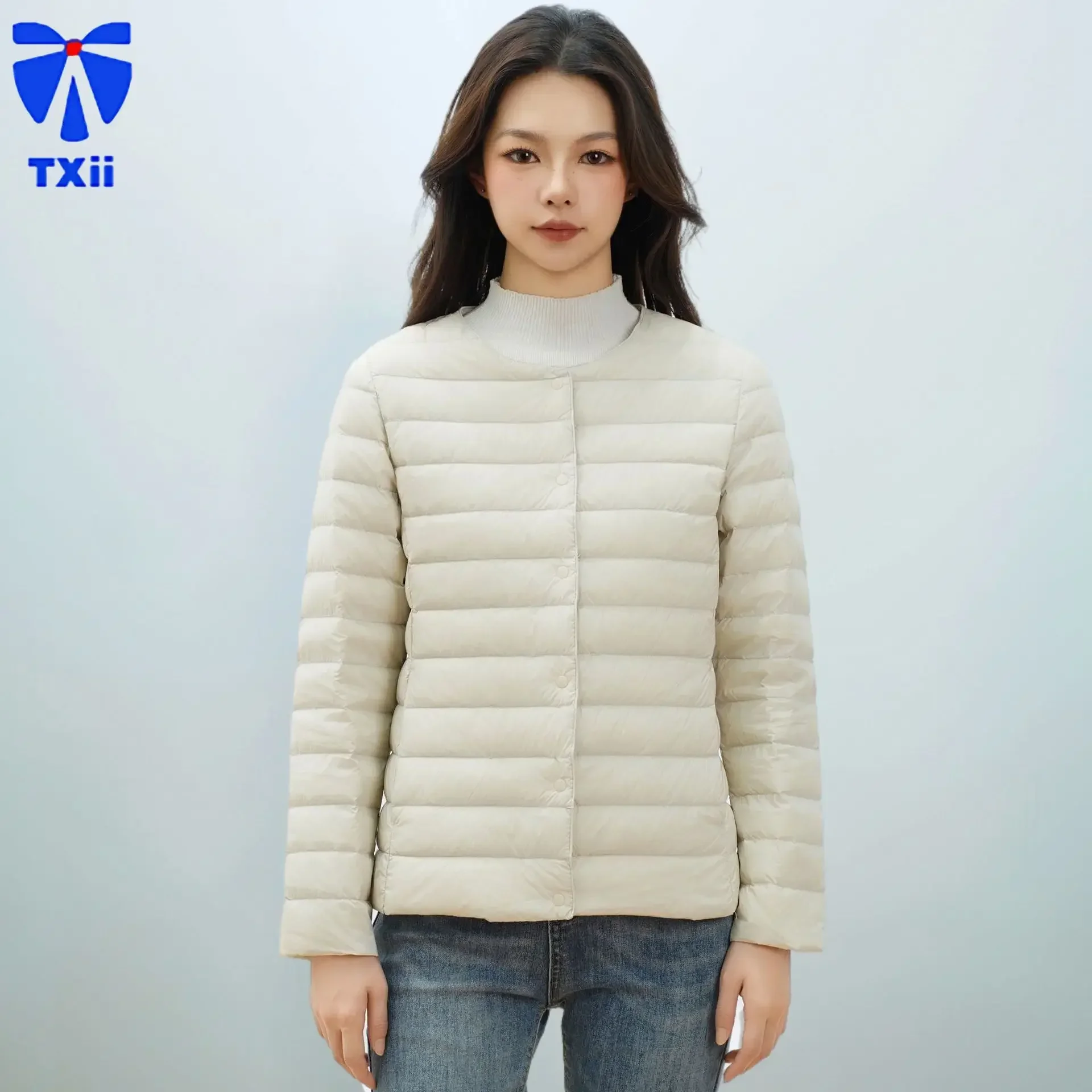 

TXii New Fashion 2024 New Women's New 90 White Duck Down Solid Color Women's Crewneck V-Neck Simple Long Sleeve Down Jacket