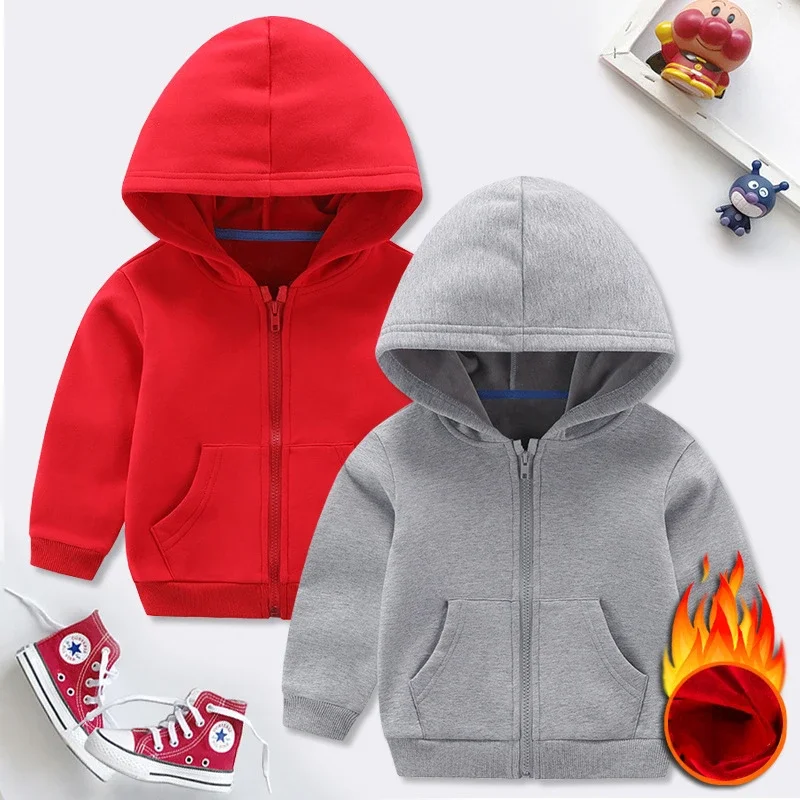 Unisex Boys Girls Hoodie Winter Fleece Thick Warm Zipper Sweatshirt Outerwear for Kids Casual Sportswear School Children Clothes