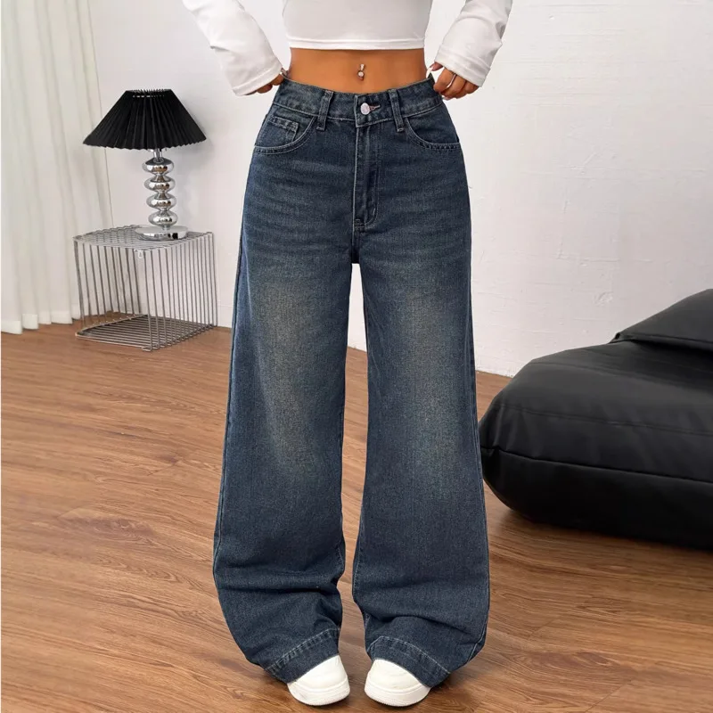 

Long Wide-Leg Pants Comfortable Minimalist Loose Jeans For Women Leisure Dark Blue Suitable All Seasons Mid-Waist Straight Pants
