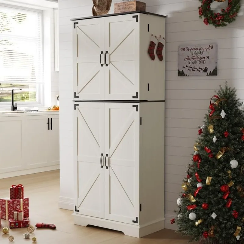 

Kitchen Pantry Storage Cabinet,72" Freestanding Cupboard with 4 Barn Doors,Drawer and Adjustable Shelves,Wood Food Pantry