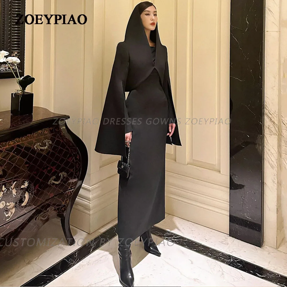 

Luxury 2PCS Black Sheath Short Evening Dress For Woman Jacket Sleeves With Cap Fashion Simple Classy Party Casual Prom Gown New