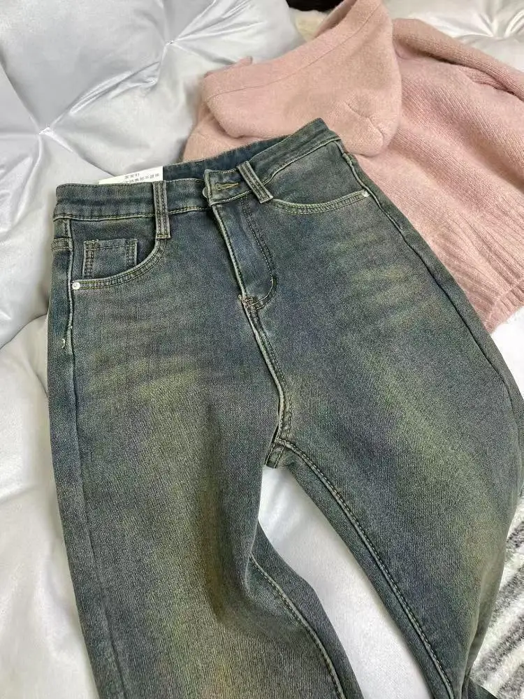 Retro Blue Washed Straight-leg Jean Women 2025 Winter Fashion Loose Thickened Velvet