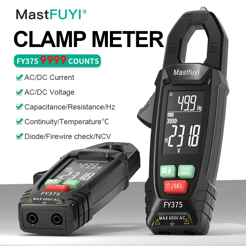 

MASTFUYI Digital Clamp Meter DC/AC Current 9999 Counts Multimeter Ammeter Voltage Tester Car Amp Hz Capacitance NCV Ohm Test