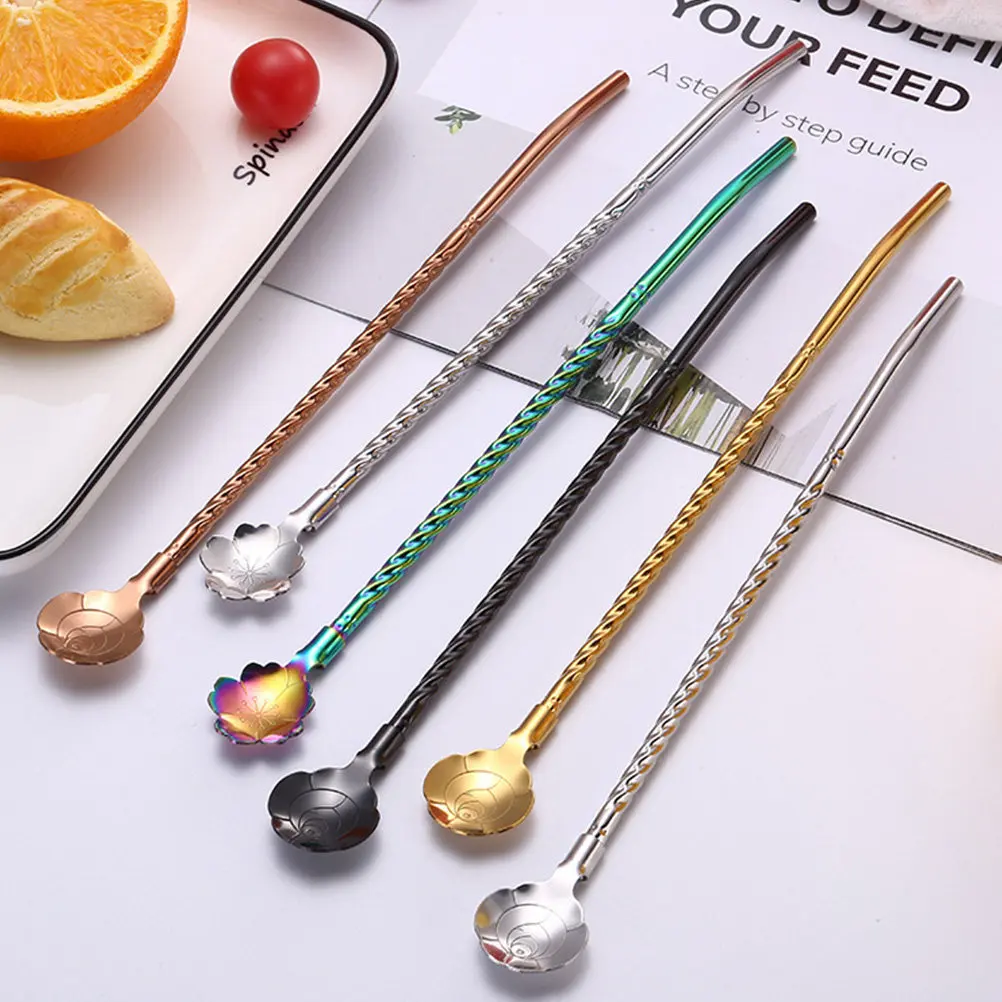 4Pcs Stainless Steel Drinking Straw Spoons Reusable Multipurpose Spoon Bottom Design for Ice Cream Milk Tea Home Cafe Use