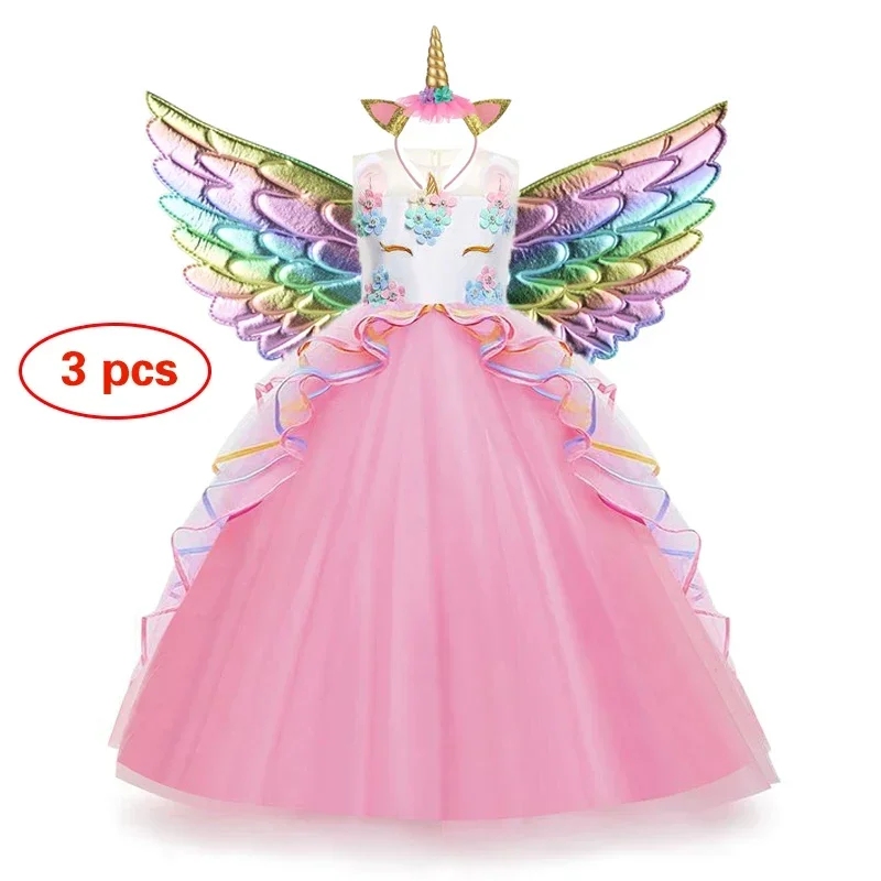 Long Girls Christmas Unicorn Princess Dress Children Wedding Party Floral Ball Gown For Kids Rainbow Birthday Costume 3-12 Yea D