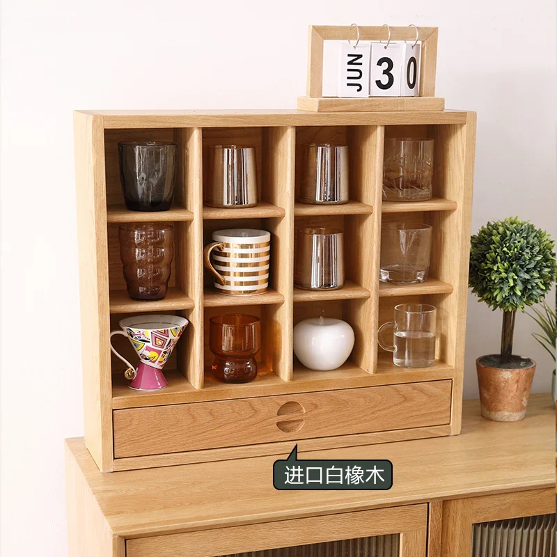 

Solid wood lattice coffee cup mug display storage rack Duobao shelf white oak log color