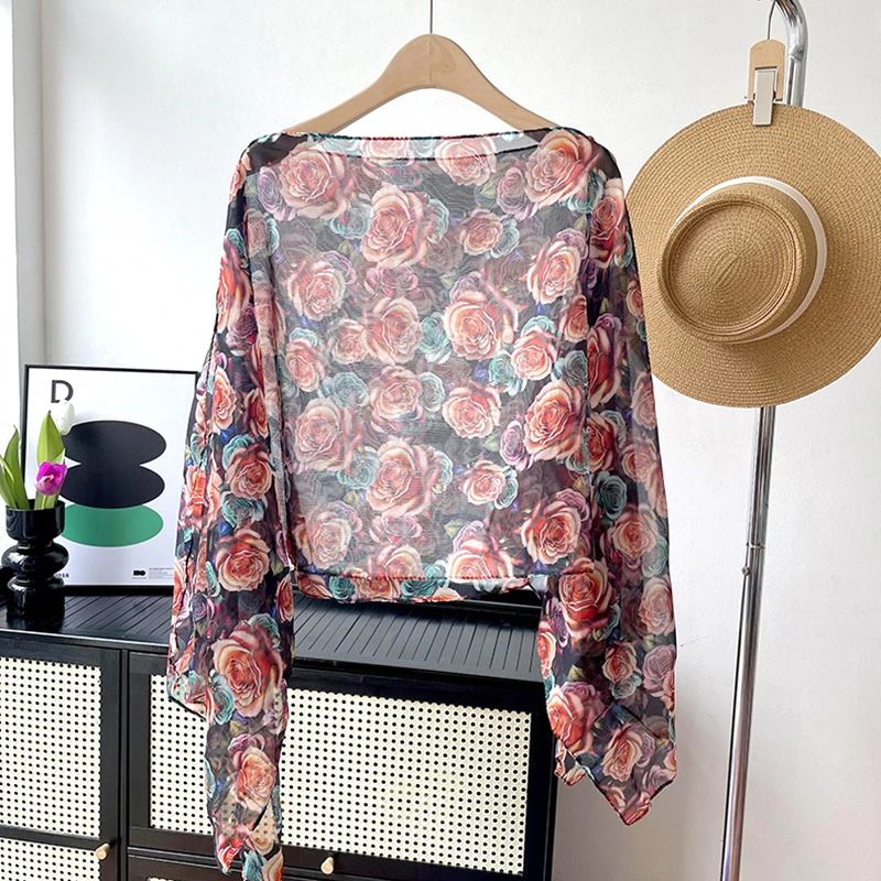 Summer Floral Print Lady Beach Shawl Holiday Sun Protection Beach Cape Elegant Thin Sunscreen UV Protection Shawl Women Clothing