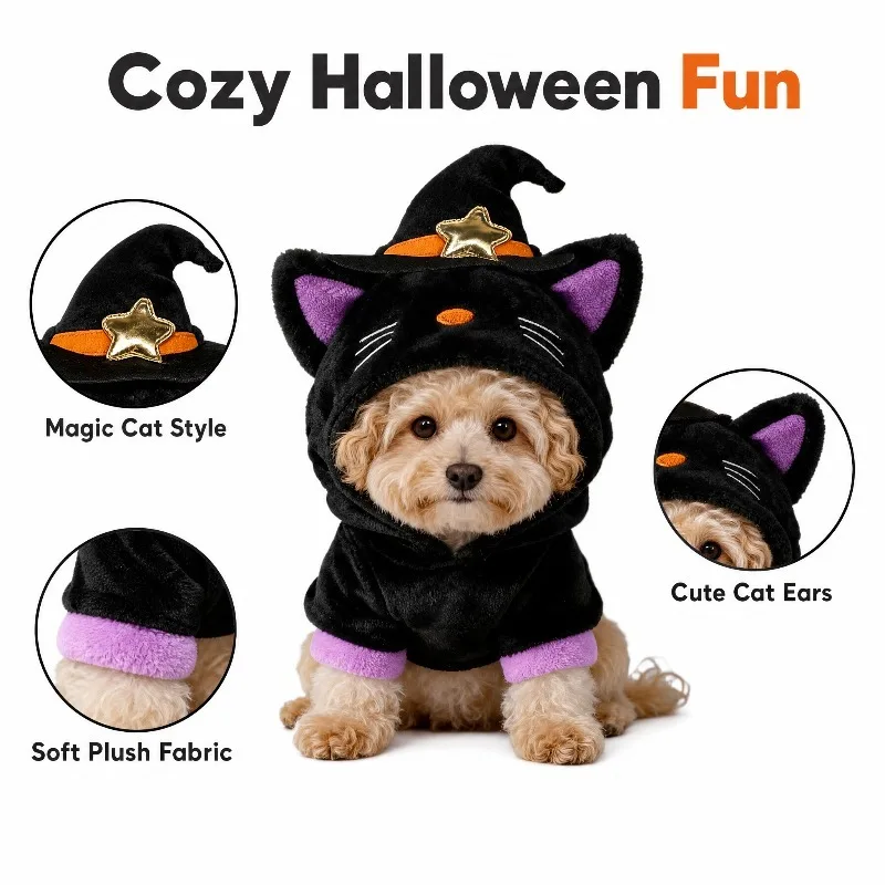 Halloween Pet Costume Magic Cat Pumpkin Set Polyester Warm Cat Dog Clothes with Leash Attachment for Small Dogs & Cats Pet Party
