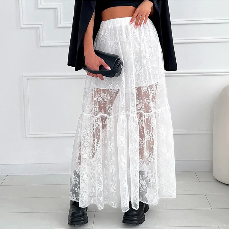 Women Sexy White Lace Perspective A-line Skirt Temperament Commuting 2024 Summer Youthful Clothes Female New Fashion Skirts INS