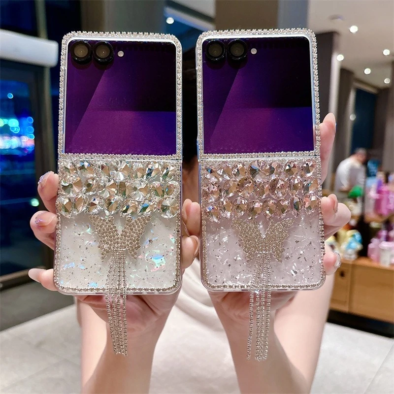 Luxury Bling Glitter Diamond Butterfly Rhinestone Phone Case For Samsung Galaxy Z Flip 3 4 5 6 7 FE Shockproof Protective Cover