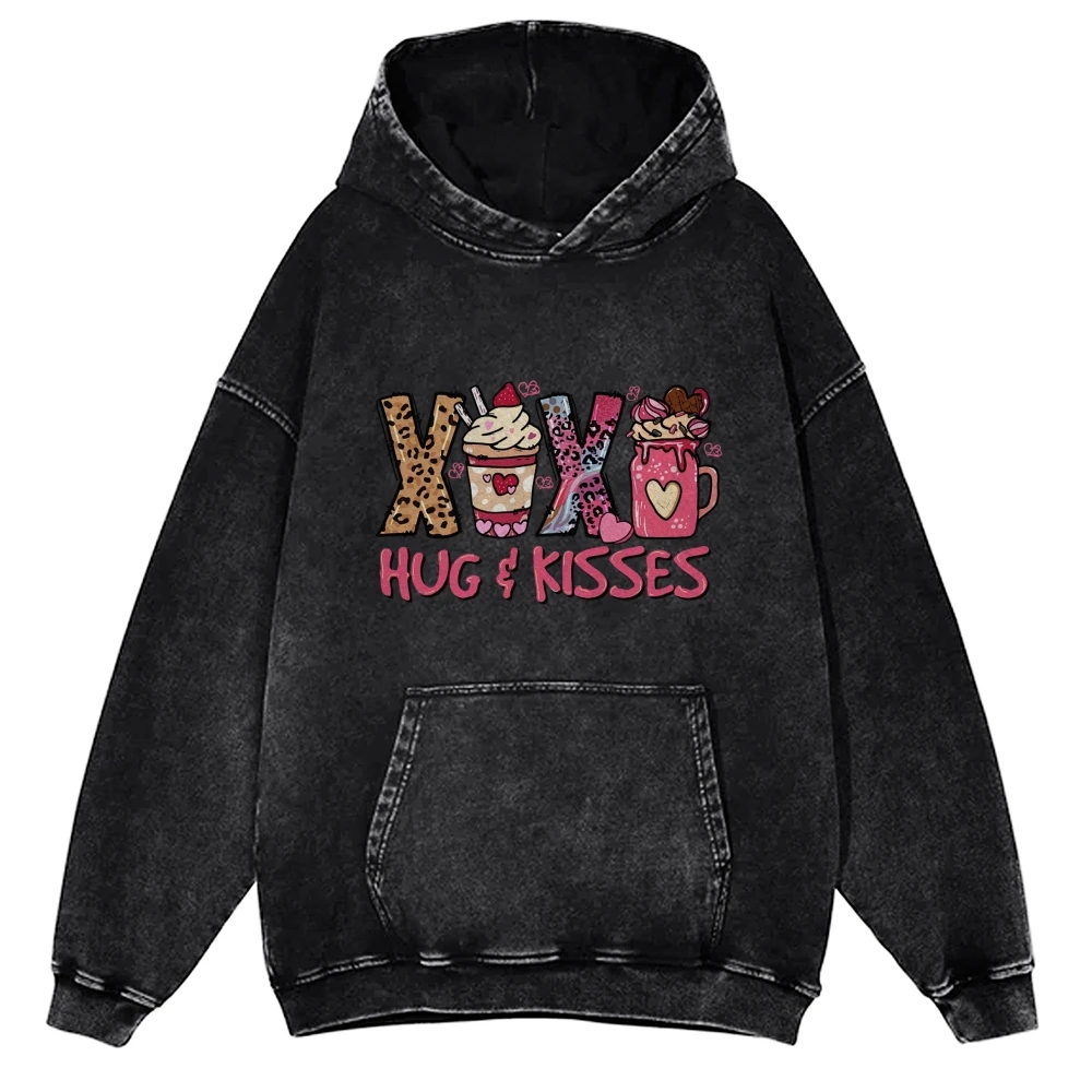 Hug & Kisses Y2k Unisex Printed Casual Washed Hoodie Sweatshirt, Girlfriend Boyfriend Shirt, Stylish Y2k Clothing