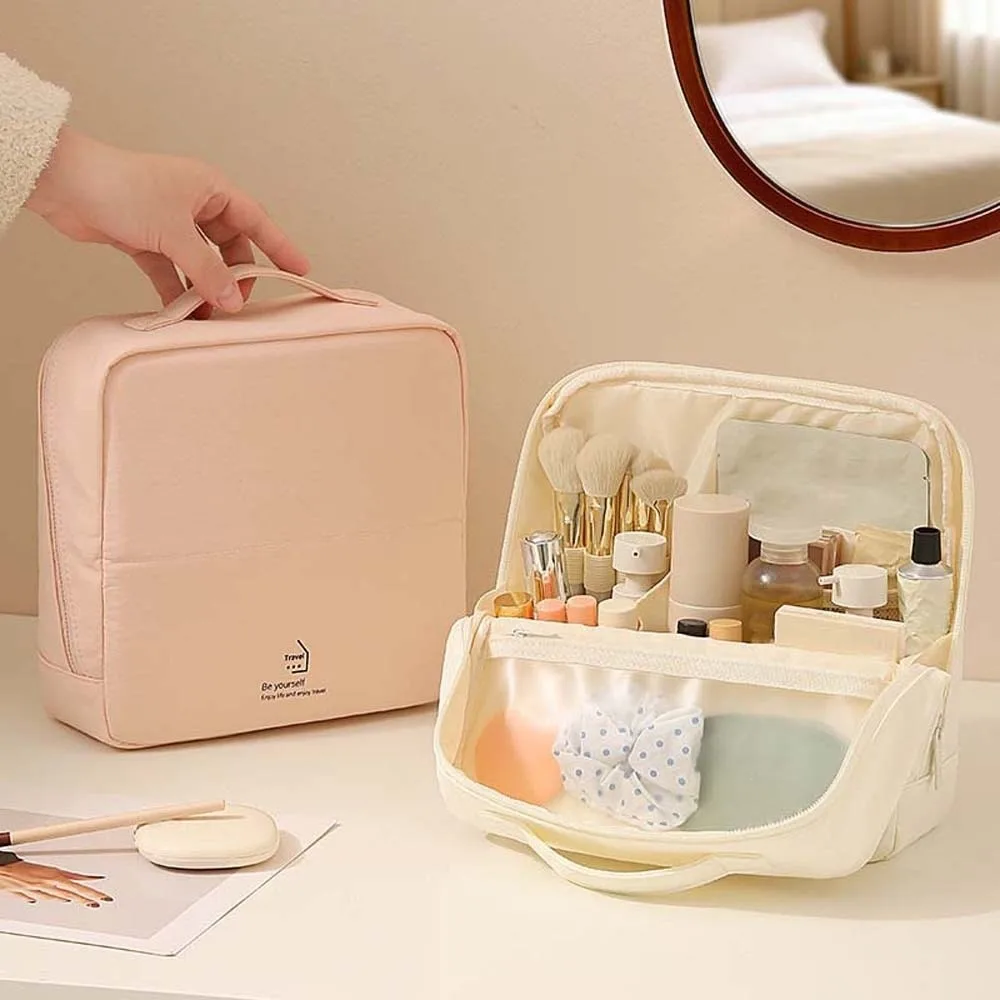 Large Open Standing Makeup Bag Multiple Compartments Waterproof Fabric Cosmetic Pouch Smooth Zipper Strong Handle