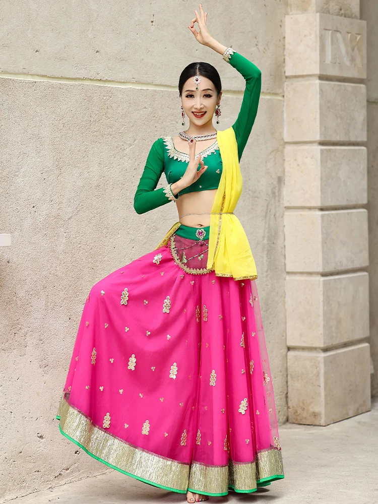 Female Indian Traditional Dance Dress Long Sleeve Tops Skirt Bollywood Dance Saree Veil Suit Belly Dance Stage Clothing DQL10102