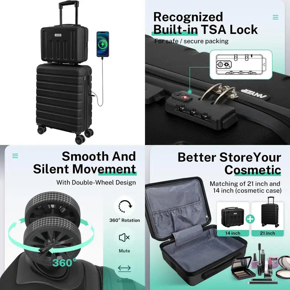 

Легкий набор ручной клади из АБС-пластика с жесткой поверхностью, USB-портом, колесами и замком TSA — 21 чемодан и 14 мини-косметических чехлов для