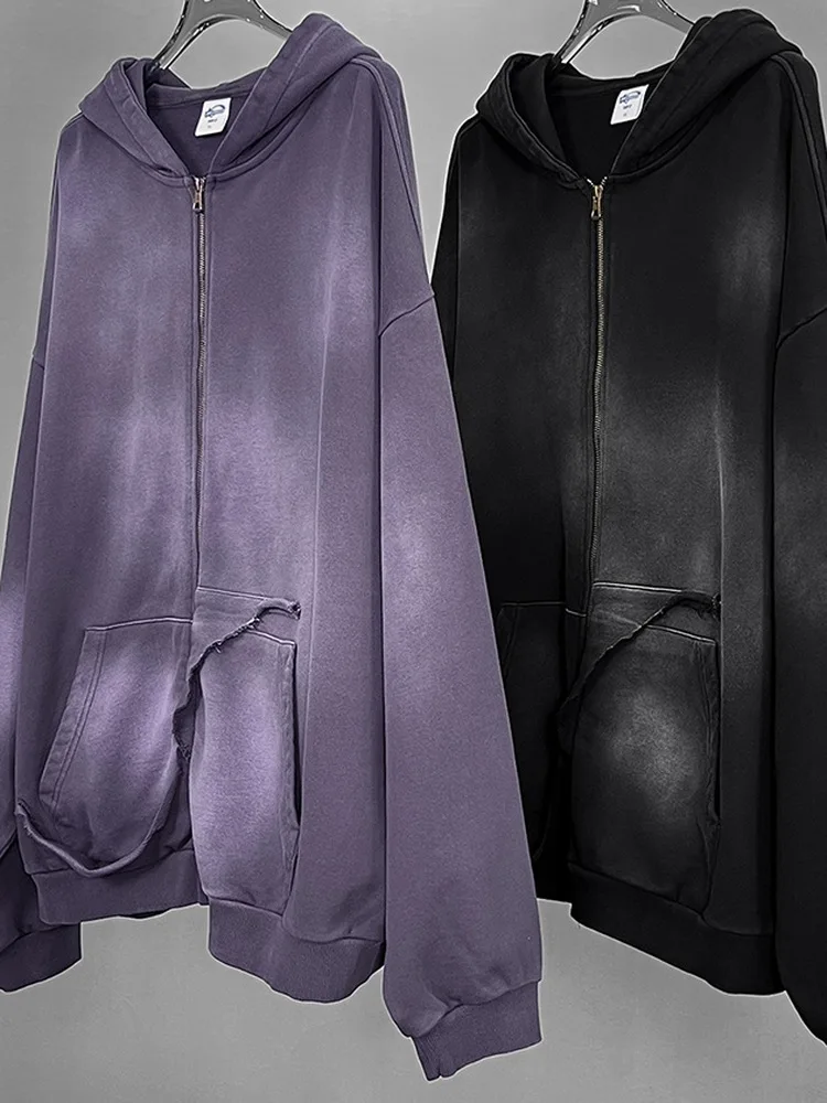 2025 New Autumn New Zipper Cardigan Sweatshirt Unisex Vintage Distressed Gradient High Street Hooded Loose Jacket