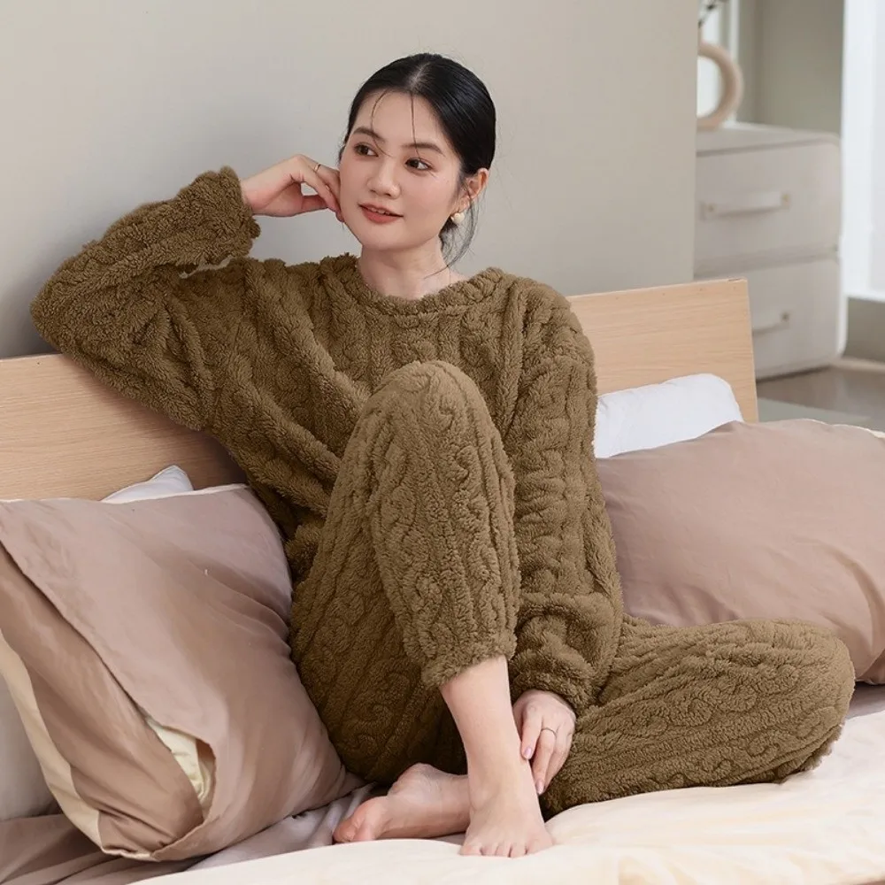 Minimalist Thicken Warm Women Pajama Set Simple Autumn Winter Fleece Long Sleepwear Soft Cozy Thermal Underwear Set Autumn