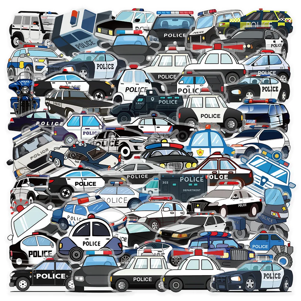 50/100 Stück Cartoon Polizeiauto Graffiti-Aufkleber Transparente PET-Autoaufkleber für DIY Handy- und Gepäckdekoration