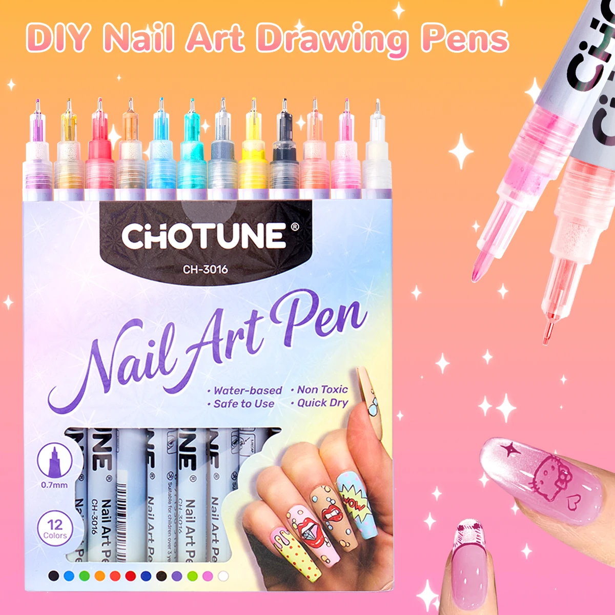 0.5/0.7mm Fine Tip Nail Art Pen 12Colors Graffiti Liner Painting Pens Fast Drying Acrylic Marker for Nail Decoration DIY Dotting