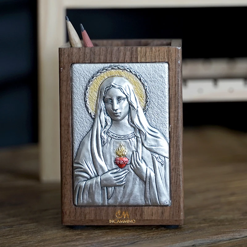 walnut-wood-pen-holder-heart-of-mary-relief-icon-desktop-organizer-11x75cm-special-commemorative-edition