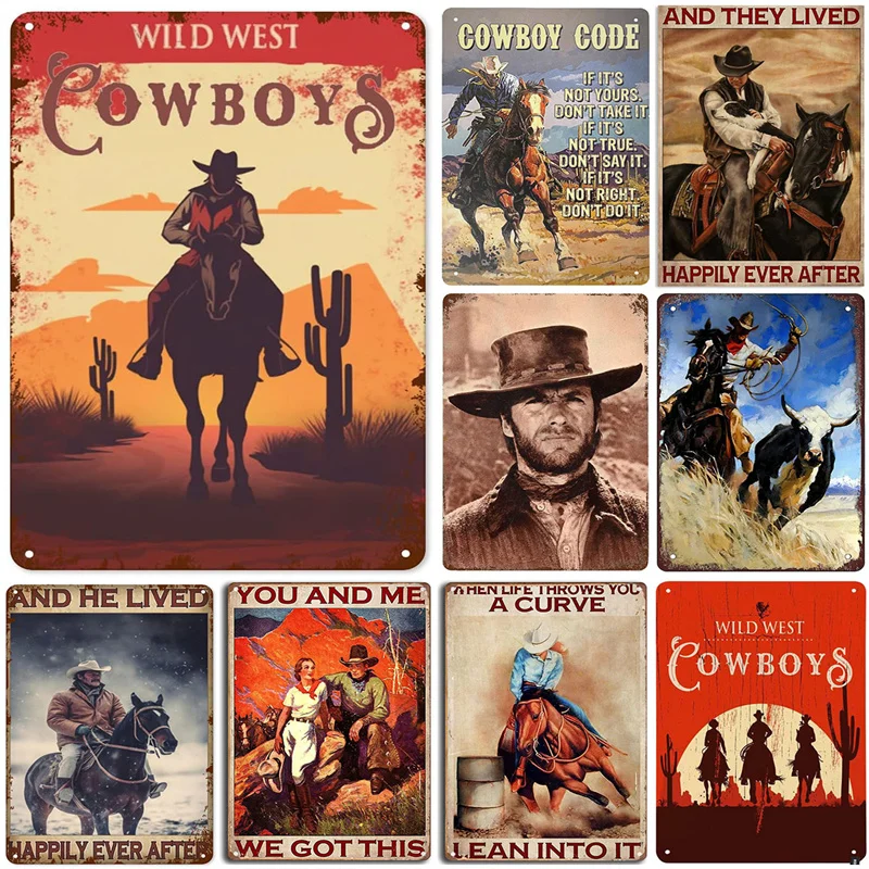 Western Cowboys Metal Tin Signs Vintage Riding Horses Wall Decor Posters Home Bars Club Cafes Shop Wall Art Iron Plate Painting