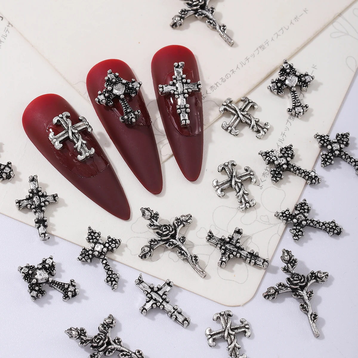 50pcs ancient silver punk wind cross nail decoration, alloy rhinestone, y2k metal style DIY nail styling decoration