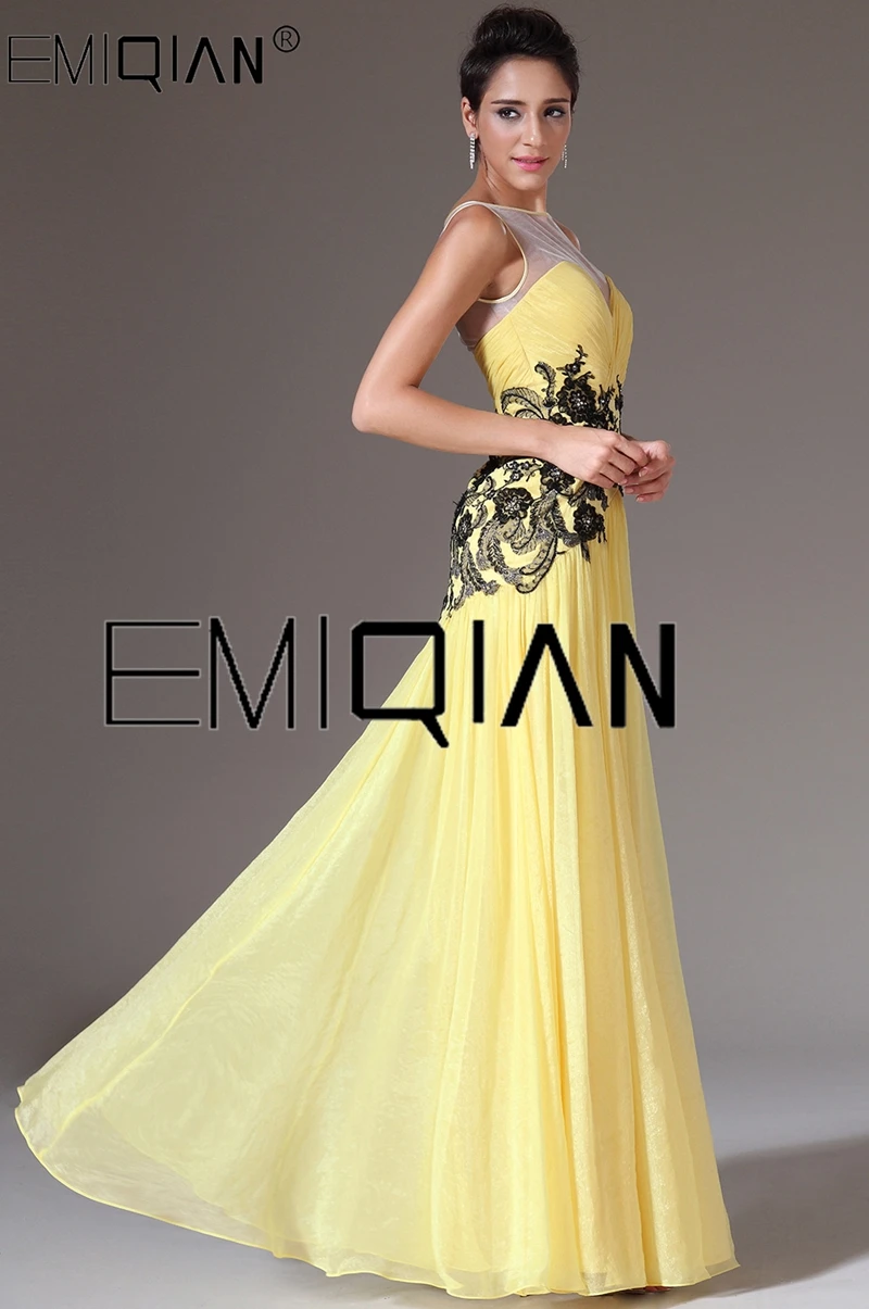 New Yellow Chiffon Sheer Top A-Line Illusion Sweetheart Neck Black Appliques Prom Dress