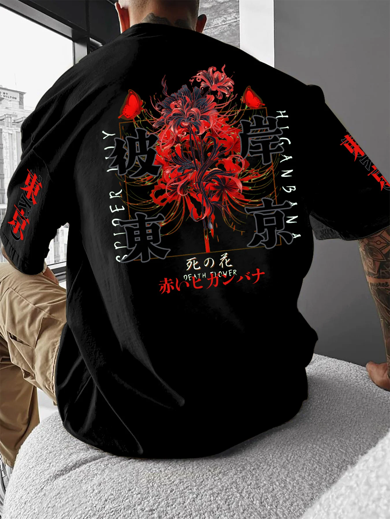 Bian An Hua Kunstillustration mit englischen Elementen im Stil von „DEATH FLOW“, europäisches und amerikanisches Freizeit-T-Shirt mit Rundhalsausschnitt für erwachsene Männer