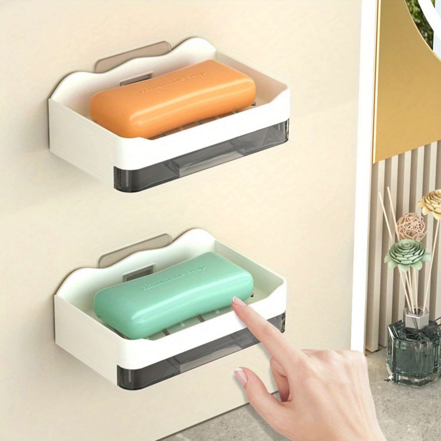 4-piece plastic soap box holder for bathroom storage-wall-mounted, no nails or perforations required, more efficient drainage so