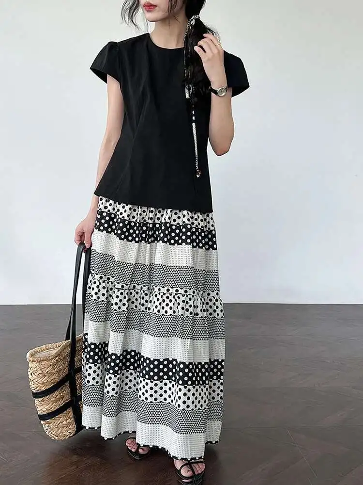 เอวยางยืดสูงสีดํา Dot พิมพ์ลาย A-Line กระโปรงครึ่งตัวผู้หญิงแฟชั่นฤดูใบไม้ผลิใหม่ฤดูใบไม้ร่วง