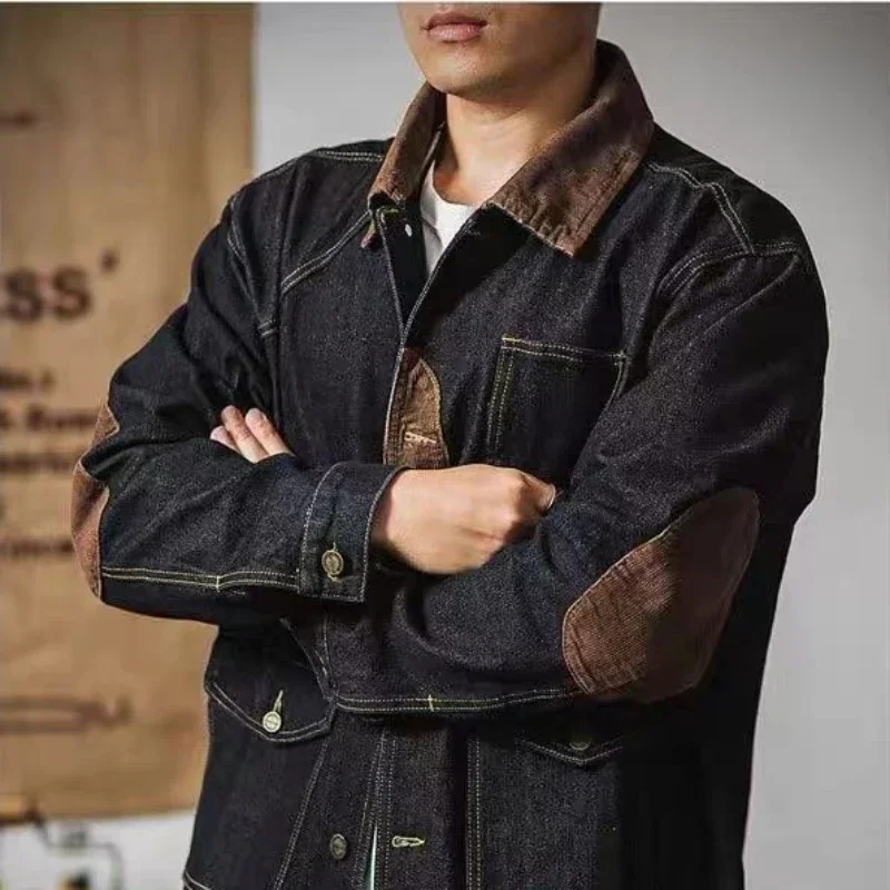 Jeans Coat for Men Vintage Black Aesthetic Denim Jackets Man Cargo Spliced Low Cost Big Size Large Outwear Korea in Lowest Price