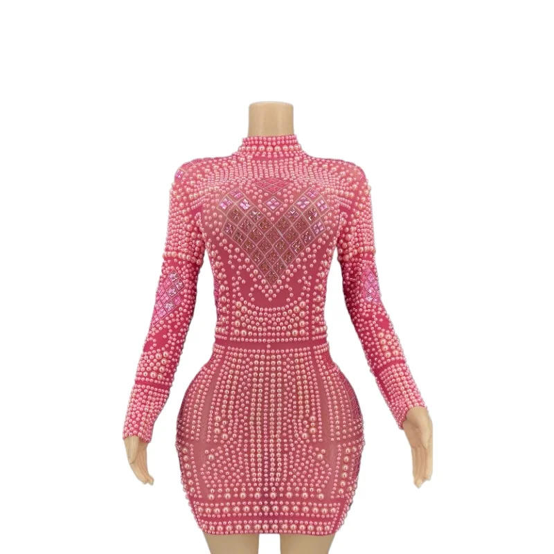 Pearl Rhinestone pink Dress Fashion Long Sleeves  Dress