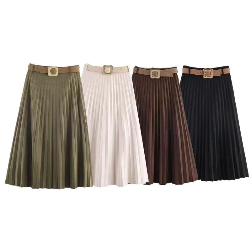 Autumn Solid Color Suede Effect Pleated Midi Skirt Women Belt Decoration Versatile Skirts Female Casual Elegant Wear 2025 New