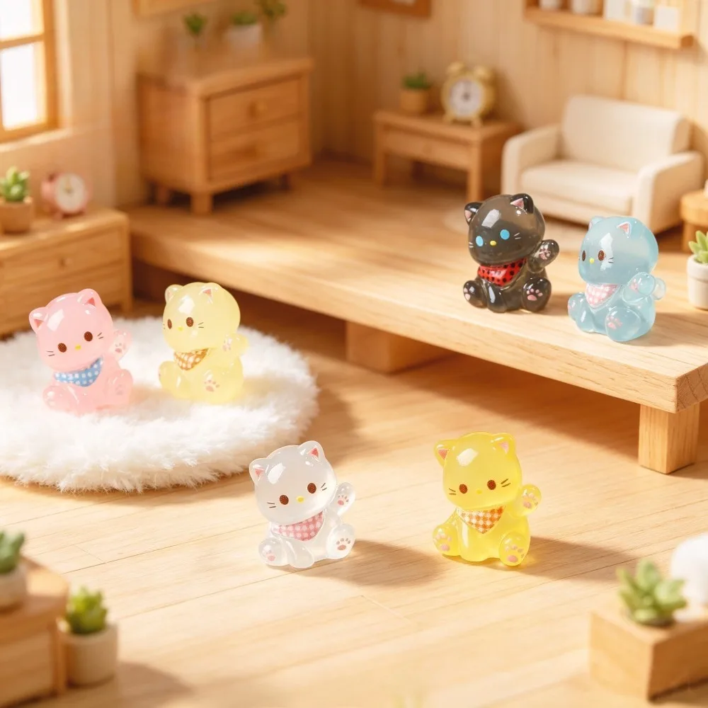 30PCS Mini Resin Cat Figurines Luminous Glow in Dark Cartoon Bib Kitty Tiny Ornament DIY Jewelry Making Micro Landscape Decor